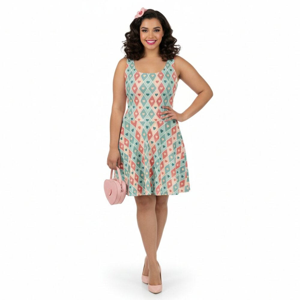 Vintage Pinup Heart Fit & Flare Dress Valentine's Day A-Line Swing - Picture 6 of 14